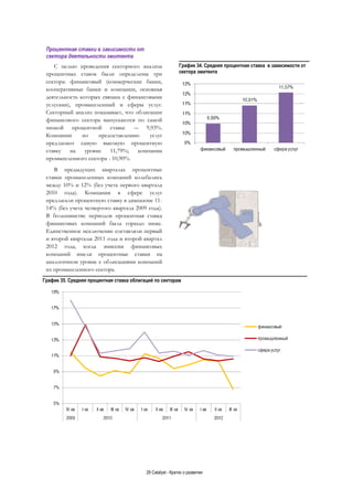29 Catalyst - Кратко о развитии
Процентная ставки в зависимости от
сектора деятельности эмитента
С целью проведения секторного анализа
процентных ставок были определены три
сектора: финансовый (коммерческие банки,
кооперативные банки и компании, основная
деятельность которых связана с финансовыми
услугами), промышленный и сферы услуг.
Секторный анализ показывает, что облигации
финансового сектора выпускаются по самой
низкой процентной ставке ­– 9,93%.
Компании по предоставлению услуг
предлагают самую высокую процентную
ставку на уровне 11,79%; компании
промышленного сектора - 10,90%.
В предыдущих кварталах процентные
ставки промышленных компаний колебались
между 10% и 12% (без учета первого квартала
2010 года). Компании в сфере услуг
предлагали процентную ставку в диапазоне 11-
14% (без учета четвертого квартала 2009 года).
В большинстве периодов процентная ставка
финансовых компаний была гораздо ниже.
Единственное исключение составляли первый
и второй кварталы 2011 года и второй квартал
2012 года, когда эмиссии финансовых
компаний имели процентные ставки на
аналогичном уровне с облигациями компаний
из промышленного сектора.
График 35. Средняя процентная ставка облигаций по секторам
График 34. Средняя процентная ставка в зависимости от
сектора эмитента
 