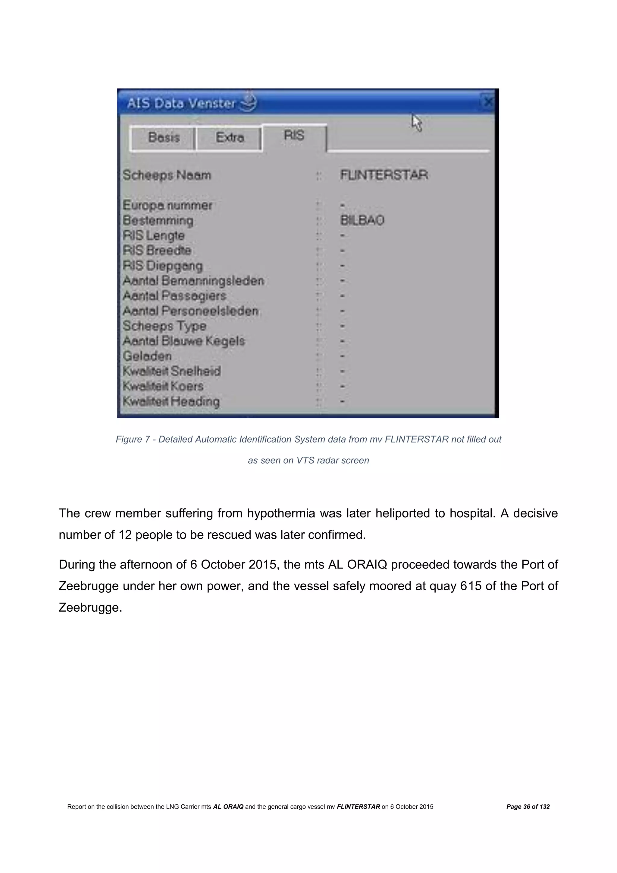 Report on the collision between the LNG Carrier mts AL ORAIQ and the general cargo vessel mv FLINTERSTAR on 6 October 2015 Page 36 of 132
Figure 7 - Detailed Automatic Identification System data from mv FLINTERSTAR not filled out
as seen on VTS radar screen
The crew member suffering from hypothermia was later heliported to hospital. A decisive
number of 12 people to be rescued was later confirmed.
During the afternoon of 6 October 2015, the mts AL ORAIQ proceeded towards the Port of
Zeebrugge under her own power, and the vessel safely moored at quay 615 of the Port of
Zeebrugge.
 