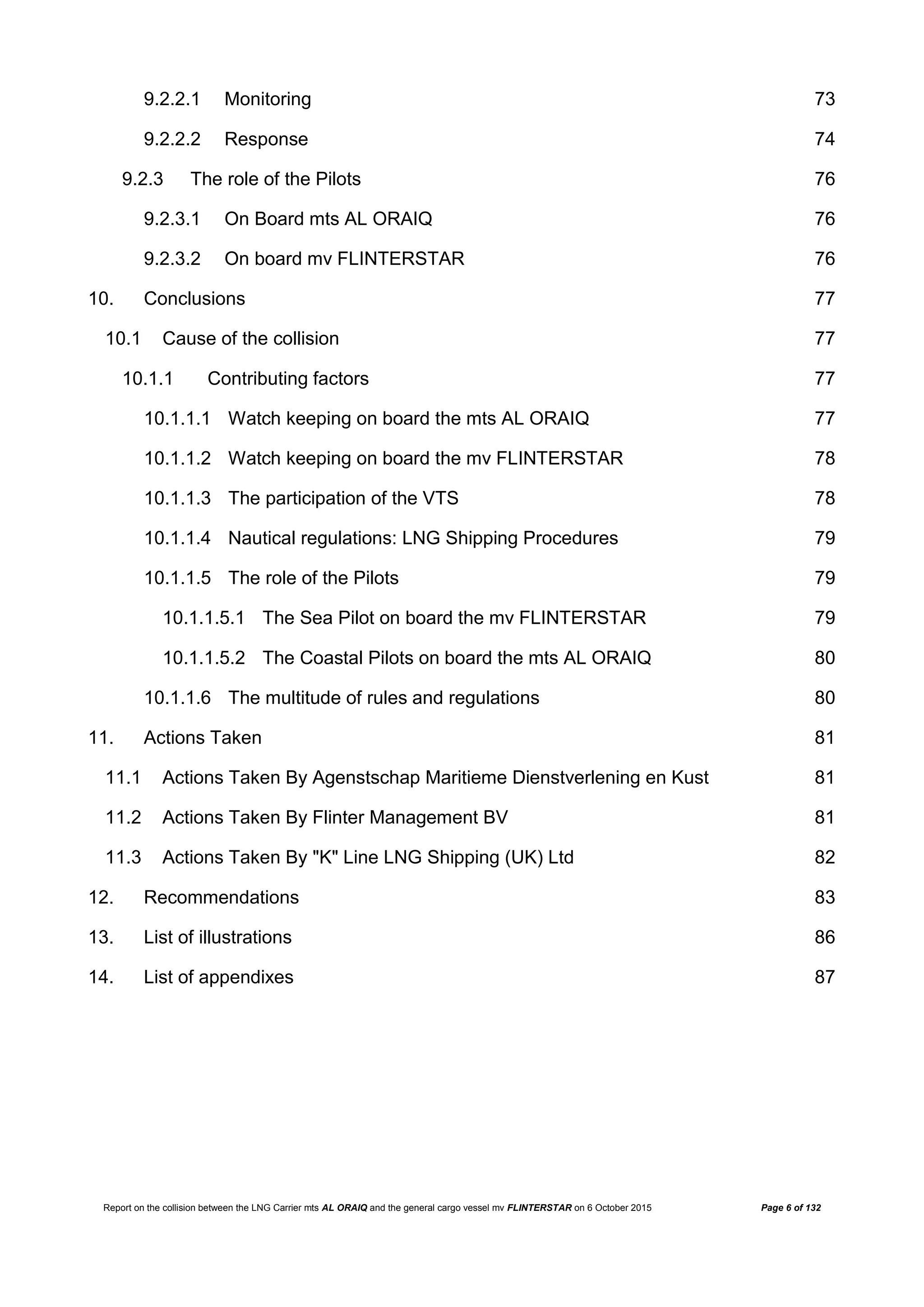 Report on the collision between the LNG Carrier mts AL ORAIQ and the general cargo vessel mv FLINTERSTAR on 6 October 2015 Page 6 of 132
9.2.2.1 Monitoring 73
9.2.2.2 Response 74
9.2.3 The role of the Pilots 76
9.2.3.1 On Board mts AL ORAIQ 76
9.2.3.2 On board mv FLINTERSTAR 76
10. Conclusions 77
10.1 Cause of the collision 77
10.1.1 Contributing factors 77
10.1.1.1 Watch keeping on board the mts AL ORAIQ 77
10.1.1.2 Watch keeping on board the mv FLINTERSTAR 78
10.1.1.3 The participation of the VTS 78
10.1.1.4 Nautical regulations: LNG Shipping Procedures 79
10.1.1.5 The role of the Pilots 79
10.1.1.5.1 The Sea Pilot on board the mv FLINTERSTAR 79
10.1.1.5.2 The Coastal Pilots on board the mts AL ORAIQ 80
10.1.1.6 The multitude of rules and regulations 80
11. Actions Taken 81
11.1 Actions Taken By Agenstschap Maritieme Dienstverlening en Kust 81
11.2 Actions Taken By Flinter Management BV 81
11.3 Actions Taken By "K" Line LNG Shipping (UK) Ltd 82
12. Recommendations 83
13. List of illustrations 86
14. List of appendixes 87
 
