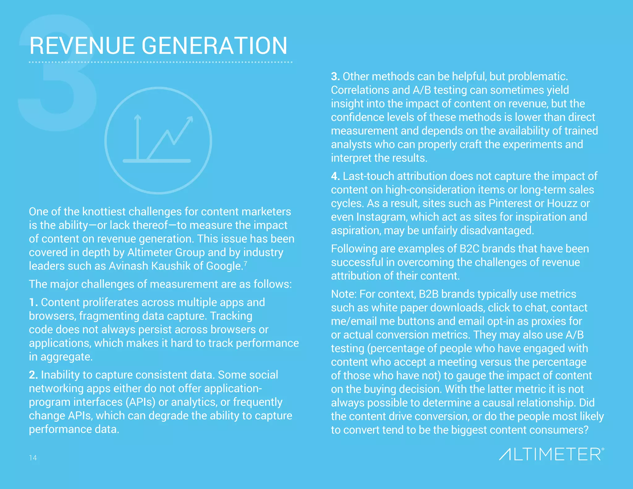 14
REVENUE GENERATION
One of the knottiest challenges for content marketers
is the ability—or lack thereof—to measure the impact
of content on revenue generation. This issue has been
covered in depth by Altimeter Group and by industry
leaders such as Avinash Kaushik of Google.7
The major challenges of measurement are as follows:
1. Content proliferates across multiple apps and
browsers, fragmenting data capture. Tracking
code does not always persist across browsers or
applications, which makes it hard to track performance
in aggregate.
2. Inability to capture consistent data. Some social
networking apps either do not offer application-
program interfaces (APIs) or analytics, or frequently
change APIs, which can degrade the ability to capture
performance data.
3. Other methods can be helpful, but problematic.
Correlations and A/B testing can sometimes yield
insight into the impact of content on revenue, but the
confidence levels of these methods is lower than direct
measurement and depends on the availability of trained
analysts who can properly craft the experiments and
interpret the results.
4. Last-touch attribution does not capture the impact of
content on high-consideration items or long-term sales
cycles. As a result, sites such as Pinterest or Houzz or
even Instagram, which act as sites for inspiration and
aspiration, may be unfairly disadvantaged.
Following are examples of B2C brands that have been
successful in overcoming the challenges of revenue
attribution of their content.
Note: For context, B2B brands typically use metrics
such as white paper downloads, click to chat, contact
me/email me buttons and email opt-in as proxies for
or actual conversion metrics. They may also use A/B
testing (percentage of people who have engaged with
content who accept a meeting versus the percentage
of those who have not) to gauge the impact of content
on the buying decision. With the latter metric it is not
always possible to determine a causal relationship. Did
the content drive conversion, or do the people most likely
to convert tend to be the biggest content consumers?
3
14
 