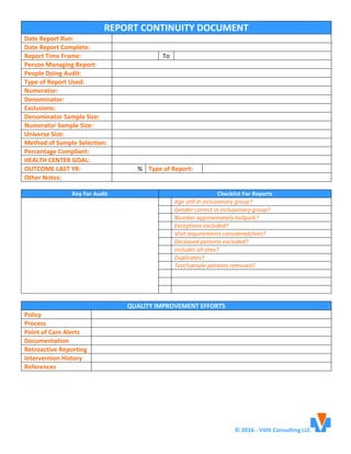 ©	2016	-	Väth	Consulting	LLC 	
REPORT	CONTINUITY	DOCUMENT	
Date	Report	Run:	 	
Date	Report	Complete:	 	
Report	Time	Frame:	 	 To	 	
Person	Managing	Report:	 	
People	Doing	Audit:	 	
Type	of	Report	Used:	 	
Numerator:	
Denominator:	
Exclusions:	 	
Denominator	Sample	Size:	 	
Numerator	Sample	Size:	 	
Universe	Size:	 	
Method	of	Sample	Selection:	 	
Percentage	Compliant:	 	
HEALTH	CENTER	GOAL:	 	
OUTCOME	LAST	YR:	 %	 Type	of	Report:	 	
Other	Notes:	 	
	
Key	For	Audit	 Checklist	For	Reports	
	 	 Age	still	in	inclusionary	group?	
	 Gender	correct	in	inclusionary	group?	
	 Number	approximately	ballpark?	
	 Exceptions	excluded?	
	 Visit	requirements	considered/met?	
	 Deceased	patients	excluded?	
	 Includes	all	sites?	
	 Duplicates?	
	 Test/sample	patients	removed?	
	 	
	 	
	 	
	
QUALITY	IMPROVEMENT	EFFORTS	
Policy	 	
Process	 	
Point	of	Care	Alerts	 	
Documentation	 	
Retroactive	Reporting	 	
Intervention	History	 	
References	 	
	 	
 