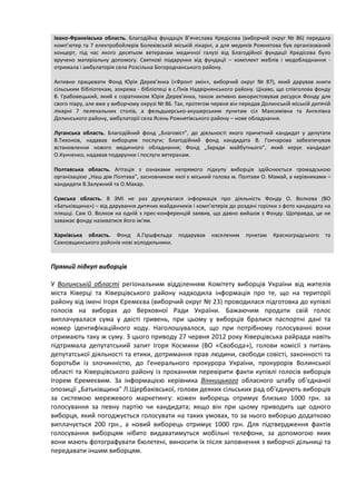 Івано-Франківська область. Благодійна фундація В’ячеслава Кредісова (виборчий округ № 86) передала
 комп’ютер та 7 електробойлерів Болехівській міській лікарні, а для медиків Рожнятова був організований
 концерт, під час якого десятьом ветеранам медичної галузі від Благодійної фундації Кредісова було
 вручено матеріальну допомогу. Святкові подарунки від фундації – комплект меблів і медобладнання -
 отримала і амбулаторія села Розсільна Богородчанського району.

 Активно працювати Фонд Юрія Дерев’янка («Фронт змін», виборчий округ № 87), який дарував книги
 сільським бібліотекам, зокрема - бібліотеці в с.Пнів Надвірнянського району. Цікаво, що співголова фонду
 В. Грабовецький, який є соратником Юрія Дерев’янка, також активно використовував ресурси Фонду для
 свого піару, але вже у виборчому окрузі № 86. Так, протягом червня він передав Долинській міській дитячій
 лікарні 7 пеленальних столів, а фельдшерсько-акушерським пунктам сіл Максимівна та Ангелівка
 Долинського району, амбулаторії села Ясень Рожнятівського району – нове обладнання.

 Луганська область. Благодійний фонд „Благовіст”, до діяльності якого причетний кандидат у депутати
 В.Тихонов, надавав виборцям послуги; Благодійний фонд кандидата В. Гончарова забезпечував
 встановлення нового медичного обладнання; Фонд „Заради майбутнього”, який керує кандидат
 О.Кунченко, надавав подарунки і послуги ветеранам.

 Полтавська область. Агітація з ознаками непрямого підкупу виборців здійснюється громадською
 організацією „Наш дім Полтава”, засновником якої є міський голова м. Полтави О. Мамай, а керівниками –
 кандидати В.Залужний та О.Макар.

 Сумська область. В ЗМІ не раз друкувалася інформація про діяльність Фонду О. Волкова (ВО
 «Батьківщина») – від дарування дитячих майданчиків і комп’ютерів до роздачі горілки з фото кандидата на
 пляшці. Сам О. Волков на одній з прес-конференцій заявив, що давно вийшов з Фонду. Щоправда, це не
 заважає фонду називатися його ім'ям.

 Харківська область. Фонд А.Гіршфельда          подарував   населеним    пунктам    Красноградського   та
 Сахновщинського районів нові холодильники.



Прямий підкуп виборців

У Волинській області регіональним відділенням Комітету виборців України від жителів
міста Ківерці та Ківерцівського району надходила інформація про те, що на території
району від імені Ігоря Єремєєва (виборчий округ № 23) проводилася підготовка до купівлі
голосів на виборах до Верховної Ради України. Бажаючим продати свій голос
виплачувалася сума у двісті гривень, при цьому у виборців бралися паспортні дані та
номер ідентифікаційного коду. Наголошувалося, що при потрібному голосуванні вони
отримають таку ж суму. З цього приводу 27 червня 2012 року Ківерцівська райрада навіть
підтримала депутатський запит Ігоря Космини (ВО «Свобода»), голови комісії з питань
депутатської діяльності та етики, дотримання прав людини, свободи совісті, законності та
боротьби із злочинністю, до Генерального прокурора України, прокурорів Волинської
області та Ківерцівського району із проханням перевірити факти купівлі голосів виборців
Ігорем Єремеєвим. За інформацією керівника Вінницького обласного штабу об'єднаної
опозиції „Батьківщина" Л.Щербаківської, голови деяких сільських рад об'єднують виборців
за системою мережевого маркетингу: кожен виборець отримує близько 1000 грн. за
голосування за певну партію чи кандидата; якщо він при цьому приводить ще одного
виборця, який погоджується голосувати на таких умовах, то за нього виборцю додатково
виплачується 200 грн., а новий виборець отримує 1000 грн. Для підтвердження фактів
голосування виборцям нібито видаватимуться мобільні телефони, за допомогою яких
вони мають фотографувати бюлетені, виносити їх після заповнення з виборчої дільниці та
передавати іншим виборцям.
 