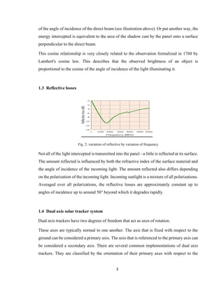 3
of the angle of incidence of the direct beam (see illustration above). Or put another way, the
energy intercepted is equivalent to the area of the shadow cast by the panel onto a surface
perpendicular to the direct beam.
This cosine relationship is very closely related to the observation formalized in 1760 by
Lambert's cosine law. This describes that the observed brightness of an object is
proportional to the cosine of the angle of incidence of the light illuminating it.
1.3 Reflective losses
Fig. 2: variation of reflective by variation of frequency
Not all of the light intercepted is transmitted into the panel - a little is reflected at its surface.
The amount reflected is influenced by both the refractive index of the surface material and
the angle of incidence of the incoming light. The amount reflected also differs depending
on the polarization of the incoming light. Incoming sunlight is a mixture of all polarizations.
Averaged over all polarizations, the reflective losses are approximately constant up to
angles of incidence up to around 50° beyond which it degrades rapidly.
1.4 Dual axis solar tracker system
Dual axis trackers have two degrees of freedom that act as axes of rotation.
These axes are typically normal to one another. The axis that is fixed with respect to the
ground can be considered a primary axis. The axis that is referenced to the primary axis can
be considered a secondary axis. There are several common implementations of dual axis
trackers. They are classified by the orientation of their primary axes with respect to the
 