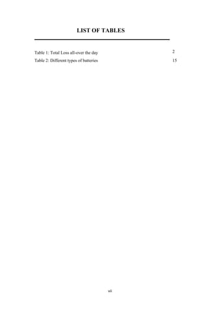 vii
LIST OF TABLES
_____________________________________________________________
Table 1: Total Loss all-over the day 2
Table 2: Different types of batteries 15
 