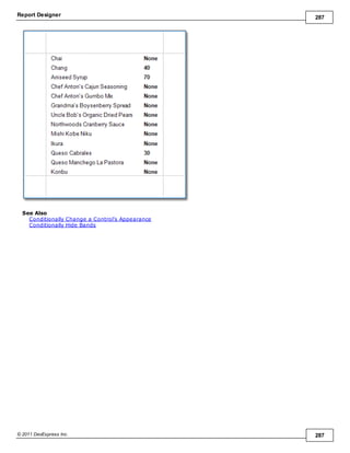 Report Designer 287
© 2011 DevExpress Inc. 287
See Also
Conditionally Change a Control's Appearance
Conditionally Hide Bands
 