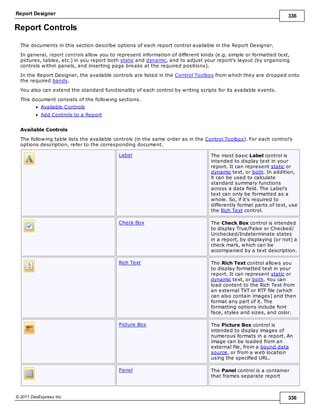 Report Designer 336
© 2011 DevExpress Inc. 336
Report Controls
The documents in this section describe options of each report control available in the Report Designer.
In general, report controls allow you to represent information of different kinds (e.g. simple or formatted text,
pictures, tables, etc.) in you report both static and dynamic, and to adjust your report's layout (by organizing
controls within panels, and inserting page breaks at the required positions).
In the Report Designer, the available controls are listed in the Control Toolbox from which they are dropped onto
the required bands.
You also can extend the standard functionality of each control by writing scripts for its available events.
This document consists of the following sections.
Available Controls
Add Controls to a Report
Available Controls
The following table lists the available controls (in the same order as in the Control Toolbox). For each control's
options description, refer to the corresponding document.
Label The most basic Label control is
intended to display text in your
report. It can represent static or
dynamic text, or both. In addition,
it can be used to calculate
standard summary functions
across a data field. The Label's
text can only be formatted as a
whole. So, if it's required to
differently format parts of text, use
the Rich Text control.
Check Box The Check Box control is intended
to display True/False or Checked/
Unchecked/Indeterminate states
in a report, by displaying (or not) a
check mark, which can be
accompanied by a text description.
Rich Text The Rich Text control allows you
to display formatted text in your
report. It can represent static or
dynamic text, or both. You can
load content to the Rich Text from
an external TXT or RTF file (which
can also contain images) and then
format any part of it. The
formatting options include font
face, styles and sizes, and color.
Picture Box The Picture Box control is
intended to display images of
numerous formats in a report. An
image can be loaded from an
external file, from a bound data
source, or from a web location
using the specified URL.
Panel The Panel control is a container
that frames separate report
 