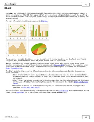 Report Designer 377
© 2011 DevExpress Inc. 377
Chart
The Chart is a sophisticated control used to embed graphs into your report. It graphically represents a series of
points using numerous 2D or 3D chart types. A Chart can be populated with points both m anually (by specifying
argum ents and values for each point) and dynam ically (by connecting it to the report's data source, or binding it to
a separate one).
For more information about this control, refer to Charting.
There are many available Chart types you can choose from. To name a few, these are Bar, Point, Line, Pie and
Doughnut, Area, Radar and Polar, Range Bar, Gantt, Candle Stick and Stock charts.
A Chart control contains multiple elements (diagram, series, series points, axes, legend, titles, labels, strips,
constant lines, etc.). When any of these elements is selected, the Property Grid shows only the properties which
correspond to the selected item. Visual Chart elements which can be highlighted or selected, are described in
Select Chart Elements.
The Chart control is data-aware in a different manner than the other report controls. Consider three common
report scenarios:
1.Static data for a Chart's series is provided m anually. It can be done using the Series Collection Editor
invoked by the Chart's Series property. It allows you to manually define values and arguments for each
series point.
2.Chart's series are created autom atically, getting their data from the Chart's Data Source and dependent
on the rules defined by the Series Template property. This approach is described in Chart with Dynamic
Series.
3.Each series is created and customized manually and has a separate Data Source. This approach is
described in Chart with Static Series.
You can customize a created chart using both the Property Grid and the Chart Wizard. To invoke the Chart Wizard,
click a Chart's Smart Tag, and in the invoked actions list, click the Run Wizard... link.
 