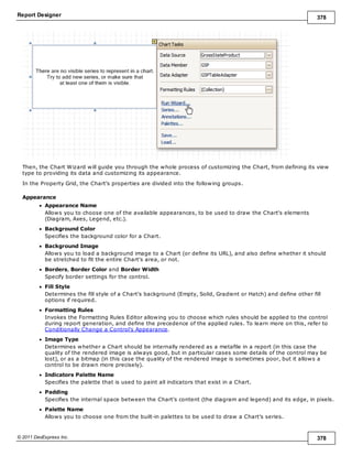 Report Designer 378
© 2011 DevExpress Inc. 378
Then, the Chart Wizard will guide you through the whole process of customizing the Chart, from defining its view
type to providing its data and customizing its appearance.
In the Property Grid, the Chart's properties are divided into the following groups.
Appearance
Appearance Name
Allows you to choose one of the available appearances, to be used to draw the Chart's elements
(Diagram, Axes, Legend, etc.).
Background Color
Specifies the background color for a Chart.
Background Image
Allows you to load a background image to a Chart (or define its URL), and also define whether it should
be stretched to fit the entire Chart's area, or not.
Borders, Border Color and Border Width
Specify border settings for the control.
Fill Style
Determines the fill style of a Chart's background (Empty, Solid, Gradient or Hatch) and define other fill
options if required.
Formatting Rules
Invokes the Formatting Rules Editor allowing you to choose which rules should be applied to the control
during report generation, and define the precedence of the applied rules. To learn more on this, refer to
Conditionally Change a Control's Appearance.
Image Type
Determines whether a Chart should be internally rendered as a metafile in a report (in this case the
quality of the rendered image is always good, but in particular cases some details of the control may be
lost), or as a bitmap (in this case the quality of the rendered image is sometimes poor, but it allows a
control to be drawn more precisely).
Indicators Palette Name
Specifies the palette that is used to paint all indicators that exist in a Chart.
Padding
Specifies the internal space between the Chart's content (the diagram and legend) and its edge, in pixels.
Palette Name
Allows you to choose one from the built-in palettes to be used to draw a Chart's series.
 