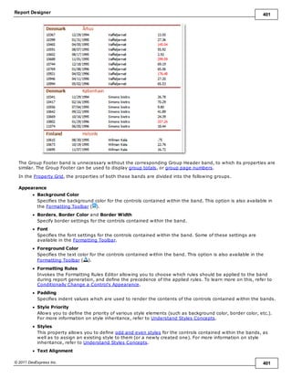 Report Designer 401
© 2011 DevExpress Inc. 401
The Group Footer band is unnecessary without the corresponding Group Header band, to which its properties are
similar. The Group Footer can be used to display group totals, or group page numbers.
In the Property Grid, the properties of both these bands are divided into the following groups.
Appearance
Background Color
Specifies the background color for the controls contained within the band. This option is also available in
the Formatting Toolbar ( ).
Borders, Border Color and Border Width
Specify border settings for the controls contained within the band.
Font
Specifies the font settings for the controls contained within the band. Some of these settings are
available in the Formatting Toolbar.
Foreground Color
Specifies the text color for the controls contained within the band. This option is also available in the
Formatting Toolbar ( ).
Formatting Rules
Invokes the Formatting Rules Editor allowing you to choose which rules should be applied to the band
during report generation, and define the precedence of the applied rules. To learn more on this, refer to
Conditionally Change a Control's Appearance.
Padding
Specifies indent values which are used to render the contents of the controls contained within the bands.
Style Priority
Allows you to define the priority of various style elements (such as background color, border color, etc.).
For more information on style inheritance, refer to Understand Styles Concepts.
Styles
This property allows you to define odd and even styles for the controls contained within the bands, as
well as to assign an existing style to them (or a newly created one). For more information on style
inheritance, refer to Understand Styles Concepts.
Text Alignment
 