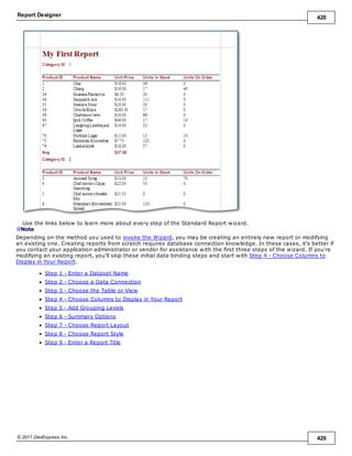 Report Designer 420
© 2011 DevExpress Inc. 420
Use the links below to learn more about every step of the Standard Report wizard.
Note
Depending on the method you used to invoke the Wizard, you may be creating an entirely new report or modifying
an existing one. Creating reports from scratch requires database connection knowledge. In these cases, it's better if
you contact your application administrator or vendor for assistance with the first three steps of the wizard. If you're
modifying an existing report, you'll skip these initial data binding steps and start with Step 4 - Choose Columns to
Display in Your Report.
Step 1 - Enter a Dataset Name
Step 2 - Choose a Data Connection
Step 3 - Choose the Table or View
Step 4 - Choose Columns to Display in Your Report
Step 5 - Add Grouping Levels
Step 6 - Summary Options
Step 7 - Choose Report Layout
Step 8 - Choose Report Style
Step 9 - Enter a Report Title
 