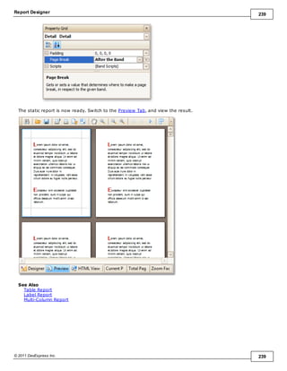 Report Designer 239
© 2011 DevExpress Inc. 239
The static report is now ready. Switch to the Preview Tab, and view the result.
See Also
Table Report
Label Report
Multi-Column Report
 