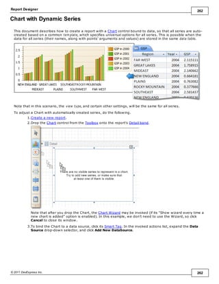 Report Designer 262
© 2011 DevExpress Inc. 262
Chart with Dynamic Series
This document describes how to create a report with a Chart control bound to data, so that all series are auto-
created based on a common tem plate, which specifies universal options for all series. This is possible when the
data for all series (their names, along with points' arguments and values) are stored in the same data table.
Note that in this scenario, the view type, and certain other settings, will be the same for all series.
To adjust a Chart with automatically created series, do the following.
1.Create a new report.
2.Drop the Chart control from the Toolbox onto the report's Detail band.
Note that after you drop the Chart, the Chart Wizard may be invoked (if its "Show wizard every time a
new chart is added" option is enabled). In this example, we don't need to use the Wizard, so click
Cancel to close its window.
3.To bind the Chart to a data source, click its Smart Tag. In the invoked actions list, expand the Data
Source drop-down selector, and click Add New DataSource.
 