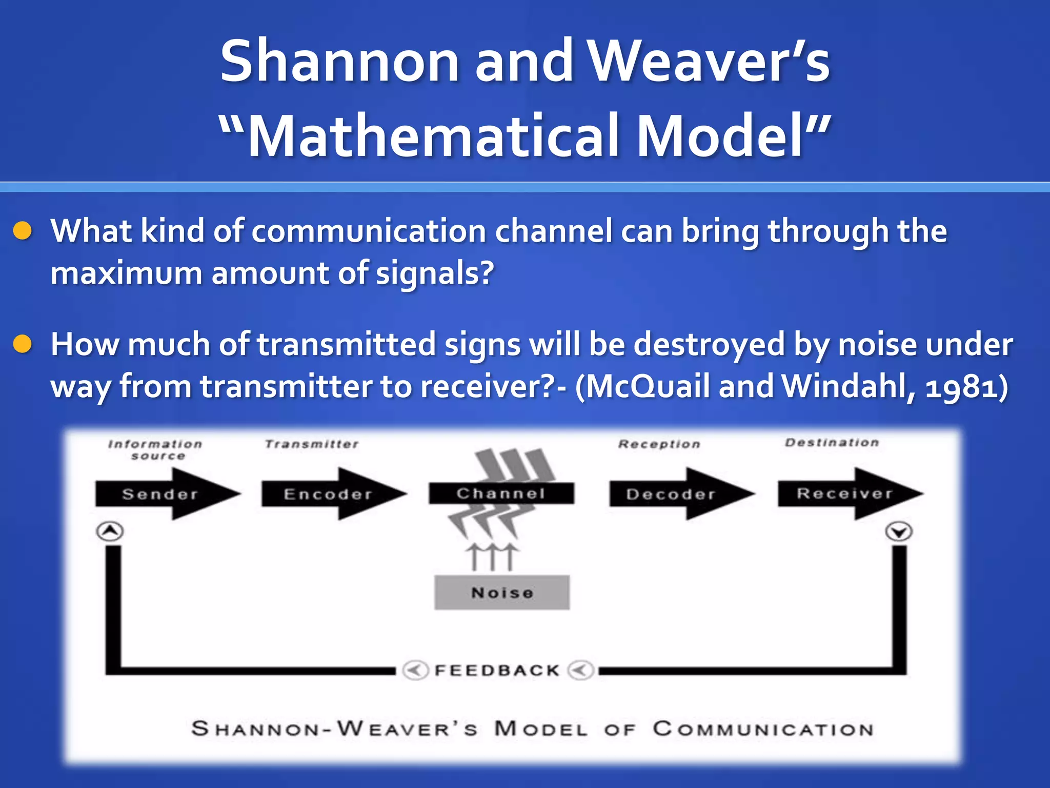 Shannon and Weaver’s
“Mathematical Model”
 What kind of communication channel can bring through the
maximum amount of signals?
 How much of transmitted signs will be destroyed by noise under
way from transmitter to receiver?- (McQuail and Windahl, 1981)
 