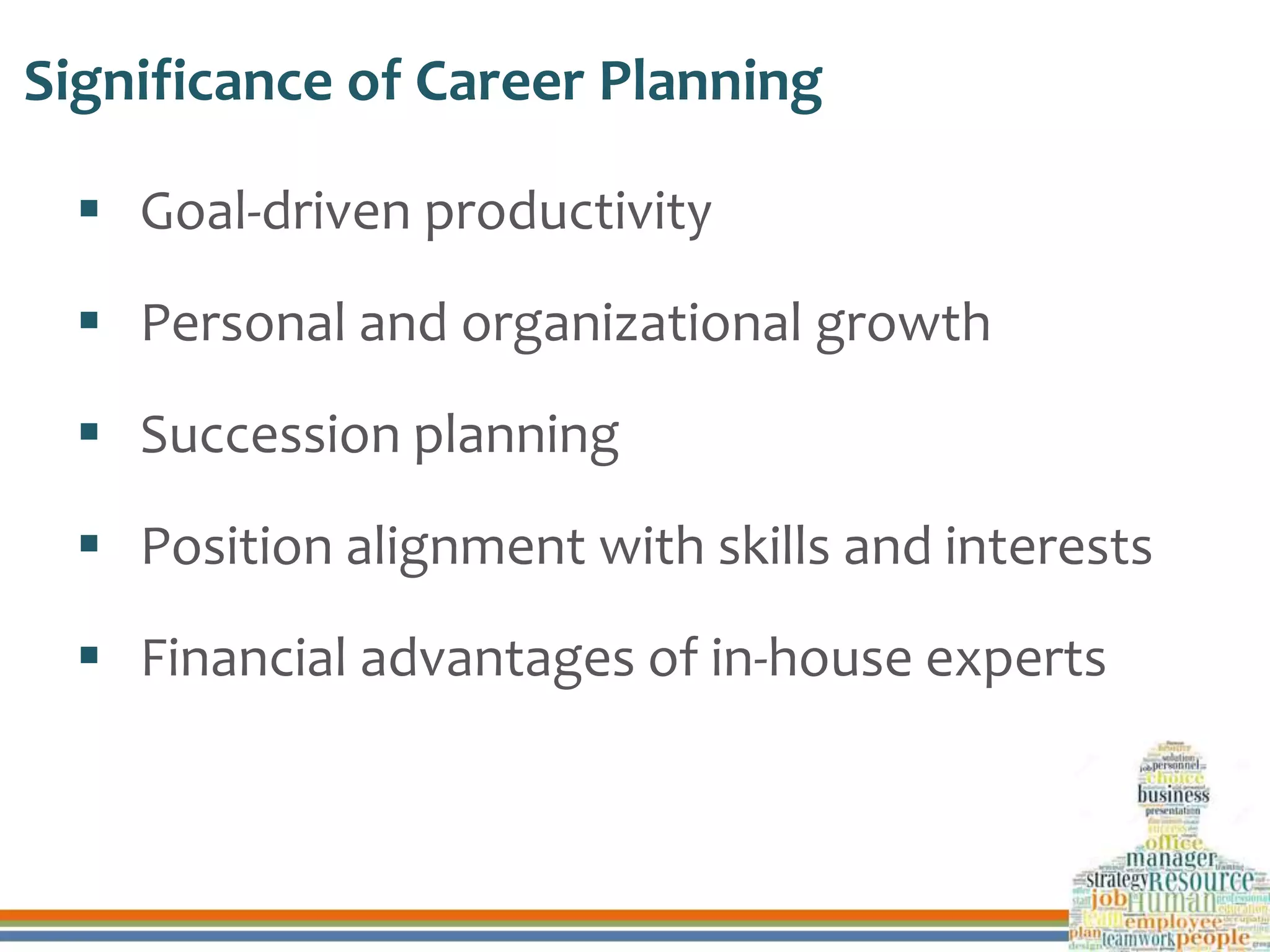 Significance of Career Planning
 Goal-driven productivity
 Personal and organizational growth
 Succession planning
 Position alignment with skills and interests
 Financial advantages of in-house experts
 