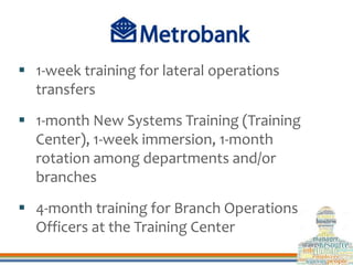  1-week training for lateral operations
transfers
 1-month New Systems Training (Training
Center), 1-week immersion, 1-m...