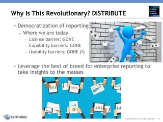 • Leverage the best of breed for enterprise reporting to
take insights to the masses
Why Is This Revolutionary? DISTRIBUTE
©2019 Senturus, Inc. All rights reserved.
• Democratization of reporting
– Where we are today:
– License barrier: GONE
– Capability barriers: GONE
– Usability barriers: GONE (?)
12
 