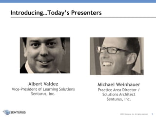©2019 Senturus, Inc. All rights reserved.
Albert Valdez
Vice-President of Learning Solutions
Senturus, Inc.
3
Introducing…Today’s Presenters
Michael Weinhauer
Practice Area Director /
Solutions Architect
Senturus, Inc.
©2019 Senturus, Inc. All rights reserved.
Albert Valdez
Vice-President of Learning Solutions
Senturus, Inc.
5
Introducing…Today’s Presenters
Michael Weinhauer
Practice Area Director /
Solutions Architect
Senturus, Inc.
 