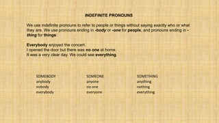 SOMEBODY SOMEONE SOMETHING
anybody anyone anything
nobody no one nothing
everybody everyone everything
INDEFINITE PRONOUNS
We use indefinite pronouns to refer to people or things without saying exactly who or what
they are. We use pronouns ending in -body or -one for people, and pronouns ending in -
thing for things:
Everybody enjoyed the concert.
I opened the door but there was no one at home.
It was a very clear day. We could see everything.
 