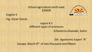 School agricultura north-east
EANOR
English ll
Ing. Oscar Garcia
report # 5
different types of pronouns
Echeverria Alvarado, Sulmi
5th. Agrónomo Expert “A”
Zacapa, March 4th of two thousand and fifteen
 