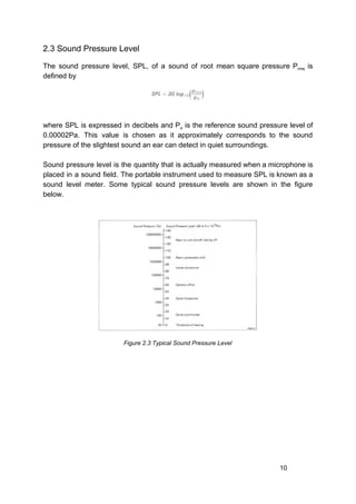2.3 Sound Pressure Level
The sound pressure level, SPL, of a sound of root mean square pressure P​rms is
defined by
where SPL is expressed in decibels and P​o is the reference sound pressure level of
0.00002Pa. This value is chosen as it approximately corresponds to the sound
pressure of the slightest sound an ear can detect in quiet surroundings.
Sound pressure level is the quantity that is actually measured when a microphone is
placed in a sound field. The portable instrument used to measure SPL is known as a
sound level meter. Some typical sound pressure levels are shown in the figure
below.
Figure 2.3 Typical Sound Pressure Level
10
 
