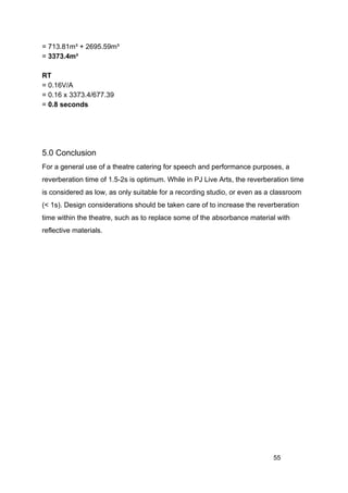 = 713.81m³ + 2695.59m³
= ​3373.4m³
RT
= 0.16V/A
= 0.16 x 3373.4/677.39
= ​0.8 seconds
5.0 Conclusion
For a general use of a theatre catering for speech and performance purposes, a
reverberation time of 1.5-2s is optimum. While in PJ Live Arts, the reverberation time
is considered as low, as only suitable for a recording studio, or even as a classroom
(< 1s). Design considerations should be taken care of to increase the reverberation
time within the theatre, such as to replace some of the absorbance material with
reflective materials.
55
 