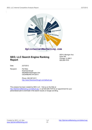 SEO, LLC Internet Competitive Analysis Report                                                                2/27/2012




                                                                             500 N. Michigan Ave.
                                                                             Suite 300
    SEO, LLC Search Engine Ranking                                           Chicago, IL 60611
    Report                                                                   920-285-7570


    Date:            2/27/2012

    Recipient:       Pat Niles
                     Downtowndough
                     W63N658 Washington Ave
                     CEDARBURG WI 53012

                     Phone: 262-387-0311
                     http://www.DowntownDough.com/default.asp



    This analysis has been created by SEO, LLC. Visit us on the Web at
    http://SplinternetMarketing.com/default.asp or call 920-285-7570 for an appointment for your
    personalized plan to dominate in the search results on Google and Bing.




Created by SEO, LLC dba                                  1 of               http://SplinternetMarketing.com/default.asp
www.SplinternetMarketing.com                              23
 