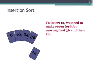 12

Insertion Sort
To insert 12, we need to
make room for it by
moving first 36 and then
24.

 