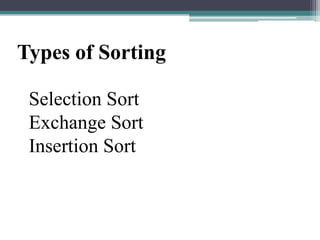 Types of Sorting
Selection Sort
Exchange Sort
Insertion Sort

 