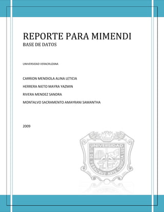 REPORTE PARA MIMENDIBASE DE DATOSUNIVERSIDAD VERACRUZANACARRION MENDIOLA ALINA LETICIAHERRERA NIETO MAYRA YAZMINRIVERA MENDEZ SANDRAMONTALVO SACRAMENTO AMAYRANI SAMANTHA26517603295652009 REPORTE Este es una de los reportes que serán emitidos por el sistema para el apoyo en la toma de decisiones dentro de la organización de GAS MIMENDI. El sistema podrá comparar la hora determinada para la entrada, con la hora de llegada  de cada empleado. Mostrándonos que empleado es, a que área pertenece, de qué departamento depende y el puesto que ocupa. Este informe va dirigido a los administrativos, ya que nos podrá mostrar la hora en la que deben acceder al sistema para registrar su entrada, y la hora en que en realidad lo están haciendo, permitiendo poder tomar la decisión de aplicar una sanción por retardo o aplicar un bono por puntualidad. Por ejemplo: Clave_empleadoArea_idDep_idId_puestoHora_entradaHora_accesoSanciónFecha0011A1018:00 AM8:15 AMRetardo09-10-200021A1028:00 AM8:10 AMRetardo09-09-070031A1038:00 AM8:00 AMPuntual09-07-100041A1048:00 AM8:40 AMFalta09-10-070051A1058:00 AM7:55 AMPuntual09-03-05 Con este informe el gerente podrá tomar en cuenta la hora en la que llega el empleado y darse cuenta que puede otorgar de acuerdo al cumplimiento o no del horario marcado. Clave_empleadoArea_idDep_idId_puestoHora_entradaHora_accesoSanciónFecha0031A1038:00 AM8:00 AMPuntual09-07-10 La consulta empleada para este reporte será: USE BD_REGISTRO_ENTRADA_SALIDA SELECT Clave_empleado, Area_id, Dep_id, Id_puesto, Hora_entrada, Hora_acceso,Id_sancion From Empleados Where clave_empleado=003 AND fecha_id= ‘090710’                                                 