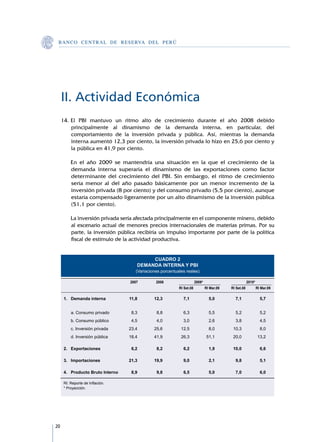 B A N C O C E N T R A L D E R E S E RVA DEL PERÚ




     II. Actividad Económica
     14.	El PBI mantuvo un ritmo alto de crecimiento durante el año 2008 debido
         principalmente al dinamismo de la demanda interna, en particular, del
         comportamiento de la inversión privada y pública. Así, mientras la demanda
         interna aumentó 12,3 por ciento, la inversión privada lo hizo en 25,6 por ciento y
         la pública en 41,9 por ciento.

     	       En el año 2009 se mantendría una situación en la que el crecimiento de la
             demanda interna superaría el dinamismo de las exportaciones como factor
             determinante del crecimiento del PBI. Sin embargo, el ritmo de crecimiento
             sería menor al del año pasado básicamente por un menor incremento de la
             inversión privada (8 por ciento) y del consumo privado (5,5 por ciento), aunque
             estaría compensado ligeramente por un alto dinamismo de la inversión pública
             (51,1 por ciento).

     	       La inversión privada sería afectada principalmente en el componente minero, debido
             al escenario actual de menores precios internacionales de materias primas. Por su
             parte, la inversión pública recibiría un impulso importante por parte de la política
             fiscal de estímulo de la actividad productiva.


                                               CUADRO 2
                                          DEMANDA INTERNA Y PBI
                                         (Variaciones porcentuales reales)

         	                            2007 		      2008 		               2009*			                        2010*	
         				                                                  RI Set.08 	   	   RI Mar.09 	   RI Set.08 	   	 RI Mar.09
         								
         1. Demanda interna 	 11,8	 12,3	 7,1	 5,0	 7,1	 5,7
         									
         	   a. Consumo privado	       8,3	        8,8	          6,3	              5,5	          5,2	             5,2
             b. Consumo público	       4,5	        4,0	          3,0	              2,6	          3,8	             4,5
             c. Inversión privada 	   23,4	       25,6	         12,5	              8,0	         10,3	             8,0
        d. Inversión pública	   18,4	 41,9	 26,3	 51,1	 20,0	 13,2
     									
     2. Exportaciones	           6,2	  8,2	  6,2	  1,9	 10,0	  6,6
     								
     3. Importaciones	          21,3	 19,9	  9,0	  2,1	  9,8	  5,1
     								
     4. Producto Bruto Interno	  8,9	  9,8	  6,5	  5,0	  7,0	  6,0
     										
         RI: Reporte de Inflación.							
         * Proyección.										




20
 