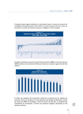 Reporte de Inflación. Marzo 2009




	    El empleo urbano sigue mostrando un crecimiento mayor a la tasa de aumento de
     la Población Económicamente Activa (PEA). En enero aumentó 5,9 por ciento en
     promedio, con tasas de aumento mayores a 2 dígitos en ocho ciudades.




         -32,9




  


	    El crédito orientado al consumo creció 27,0 por ciento en 2008 y al mes de enero de
     2009 mantiene un incremento de 20,4 por ciento con respecto a igual mes del año
     anterior.




	
	    El índice de confianza del consumidor confirma la evolución de los créditos de
     consumo. Éste se ha situado en la zona pesimista (por debajo de 50 puntos) a partir
     de marzo de 2008. Sin embargo, a partir de enero de este año, la confianza del
     consumidor ha comenzado a revertir esa tendencia negativa ubicándose en 45
     puntos en febrero.


                                                                                           23
 