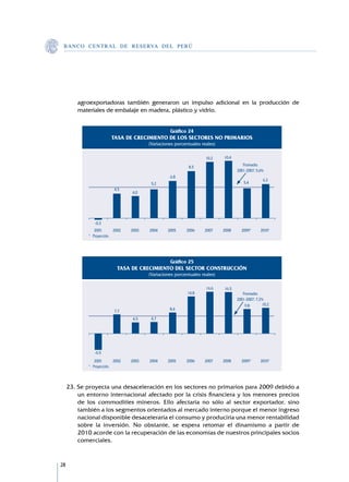 B A N C O C E N T R A L D E R E S E RVA DEL PERÚ




         agroexportadoras también generaron un impulso adicional en la producción de
         materiales de embalaje en madera, plástico y vidrio.


                                                      Gráfico 24
                          TASA DE CRECIMIENTO DE LOS SECTORES NO PRIMARIOS
                                            (Variaciones porcentuales reales)

                                                                        10,2    10,4

                                                               8,5                         Promedio
                                                                                        2001-2007: 5,6%
                                                      6,8
                                                                                                      6,2
                                             5,2                                           5,4
                            4,5
                                    4,0




               -0,3
            	 	2001	        2002	   2003	   2004	    2005	    2006	    2007	    2008	     2009*	     2010*
            * 	 Proyección.




                                                      Gráfico 25
                              TASA DE CRECIMIENTO DEL SECTOR CONSTRUCCIÓN
                                            (Variaciones porcentuales reales)

                                                                        16,6     16,5
                                                               14,8                        Promedio
                                                                                        2001-2007: 7,2%
                                                                                            9,8       10,2
                            7,7                       8,4

                                     4,5     4,7




               -6,5
            	 	2001	        2002	   2003	   2004	    2005	    2006	    2007	    2008	     2009*	     2010*
            * 	 Proyección.



     23.	Se proyecta una desaceleración en los sectores no primarios para 2009 debido a
         un entorno internacional afectado por la crisis financiera y los menores precios
         de los commodities mineros. Ello afectaría no sólo al sector exportador, sino
         también a los segmentos orientados al mercado interno porque el menor ingreso
         nacional disponible desaceleraría el consumo y produciría una menor rentabilidad
         sobre la inversión. No obstante, se espera retomar el dinamismo a partir de
         2010 acorde con la recuperación de las economías de nuestros principales socios
         comerciales.


28
 