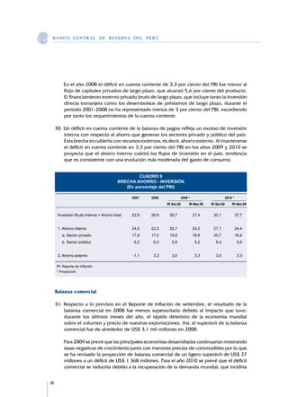 B A N C O C E N T R A L D E R E S E RVA DEL PERÚ




     	       En el año 2008 el déficit en cuenta corriente de 3,3 por ciento del PBI fue menor al
             flujo de capitales privados de largo plazo, que alcanzó 5,6 por ciento del producto.
             El financiamiento externo privado bruto de largo plazo, que incluye tanto la inversión
             directa extranjera como los desembolsos de préstamos de largo plazo, durante el
             período 2001-2008 no ha representado menos de 3 por ciento del PBI, excediendo
             por tanto los requerimientos de la cuenta corriente.

     30.	Un déficit en cuenta corriente de la balanza de pagos refleja un exceso de inversión
         interna con respecto al ahorro que generan los sectores privado y público del país.
         Esta brecha es cubierta con recursos externos, es decir, ahorro externo. Al mantenerse
         el déficit en cuenta corriente en 3,3 por ciento del PBI en los años 2009 y 2010 se
         proyecta que el ahorro interno cubrirá los flujos de inversión en el país, tendencia
         que es consistente con una evolución más moderada del gasto de consumo.


                                                      CUADRO 9
                                             BRECHA AHORRO - INVERSIÓN
                                                (En porcentaje del PBI)
     									
     			                                           2007	   2008		            2009 *			                 2010 *	
     					                                                         RI Set.08		   RI Mar.09	   RI Set.08		 RI Mar.09
     									
         Inversión Bruta Interna = Ahorro total	   22,9	   26,6	    28,7	          27,4	       30,1	         27,7
         								
         1. Ahorro interno	                        24,0	   23,3	    25,7	          24,0	       27,1	         24,4
         	 a. Sector privado	                      17,8	   17,0	    19,8	          18,8	       20,7	         18,8
         	 b. Sector público	                       6,2	    6,3	      5,9	          5,2	        6,4	             5,6
         								
     2. Ahorro externo	 -1,1	 3,3	                                    3,0	          3,3	        3,0	             3,3
     									
         RI: Reporte de Inflación.
         * Proyección.




     Balanza comercial

     31.	Respecto a lo previsto en el Reporte de Inflación de setiembre, el resultado de la
         balanza comercial en 2008 fue menos superavitario debido al impacto que tuvo,
         durante los últimos meses del año, el rápido deterioro de la economía mundial
         sobre el volumen y precio de nuestras exportaciones. Así, el superávit de la balanza
         comercial fue de alrededor de US$ 3,1 mil millones en 2008.

     	       Para 2009 se prevé que las principales economías desarrolladas continuarían mostrando
             tasas negativas de crecimiento junto con menores precios de commodities por lo que
             se ha revisado la proyección de balanza comercial de un ligero superávit de US$ 27
             millones a un déficit de US$ 1 368 millones. Para el año 2010 se prevé que el déficit
             comercial se reduciría debido a la recuperación de la demanda mundial, que incidiría


36
 