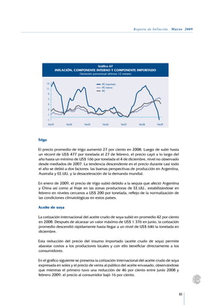 Reporte de Inflación. Marzo 2009




                                                Gráfico 67
                     INFLACIÓN, COMPONENTE INTERNO Y COMPONENTE IMPORTADO
                                   (Variación porcentual últimos 12 meses)


         13                                        IPC importado
         11                                        IPC interno
                                                   IPC
            9

            7

            5

            3
            1

            -1
            Feb.03        Feb.04      Feb.05        Feb.06         Feb.07       Feb.08    Feb.09




	   Trigo

	   El precio promedio de trigo aumentó 27 por ciento en 2008. Luego de subir hasta
    un récord de US$ 477 por tonelada el 27 de febrero, el precio cayó a lo largo del
    año hasta un mínimo de US$ 166 por tonelada el 4 de diciembre, nivel no observado
    desde mediados de 2007. La tendencia descendente en el precio durante casi todo
    el año se debió a dos factores: las buenas perspectivas de producción en Argentina,
    Australia y EE.UU. y la desaceleración de la demanda mundial.

	   En enero de 2009, el precio de trigo subió debido a la sequía que afectó Argentina
    y China así como al friaje en las zonas productoras de EE.UU., estabilizándose en
    febrero en niveles cercanos a US$ 200 por tonelada, reflejo de la normalización de
    las condiciones climatológicas en estos países.

	   Aceite de soya

	   La cotización internacional del aceite crudo de soya subió en promedio 42 por ciento
    en 2008. Después de alcanzar un valor máximo de US$ 1 376 en junio, la cotización
    promedio descendió rápidamente hasta llegar a un nivel de US$ 646 la tonelada en
    diciembre.

	   Esta reducción del precio del insumo importado (aceite crudo de soya) permite
    abaratar costos a los productores locales y con ello beneficiar directamente a los
    consumidores.

	   En el gráfico siguiente se presenta la cotización internacional del aceite crudo de soya
    expresada en soles y el precio de venta al público del aceite envasado, observándose
    que mientras el primero tuvo una reducción de 46 por ciento entre junio 2008 y
    febrero 2009, el precio al consumidor bajó 16 por ciento.



                                                                                                     85
 