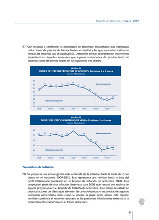 Reporte de Inflación. Marzo 2009




87.	Con relación a setiembre, la proporción de empresas encuestadas que esperaban
    reducciones de precios de bienes finales se duplicó y las que esperaban caídas de
    precios de insumos casi se cuadruplicó. De manera similar, se registró un incremento
    importante en aquellas empresas que esperan reducciones de precios tanto de
    insumos como de bienes finales en los siguientes tres meses.

                                                         Gráfico 71
                ÍNDICE DEL PRECIO PROMEDIO DE INSUMOS: Próximos 3 a 4 mees
                                                     Sector Manufactura


        90
                                                          80
        80              77                          77                                   Aumento en precios
                               74     73     74                   73
                                                                         70
        70    64                                                                 62
        60
                                                                                       51
        50
                                                                                               41             42
        40                                                                                           37
                         Disminución en precios
        30
        20
             Ene.08          Mar.08        May.08        Jul.08         Set.08        Nov.08        Ene.09



                                                         Gráfico 72
                      ÍNDICE DEL PRECIO PROMEDIO DE VENTA: Próximos 3 a 4 mees
                                                     Sector Manufactura

                                                          77
        80
                        69            71                                                 Aumento en precios
              68               69                   69                   69
        70                                   66                    67


        60                                                                       58
                                                                                       52
        50
                                                                                                     43
        40               Disminución en precios                                                               46
                                                                                               41
        30
             Ene.08          Mar.08        May.08        Jul.08         Set.08        Nov.08        Ene.09




Pronósticos de Inflación

88.	Se proyecta una convergencia más acelerada de la inflacion hacia la meta de 2 por
    ciento en el horizonte 2009-2010. Esto representa una revisión hacia la baja del
    perfil inflacionario planteado en el Reporte de Inflación de setiembre 2008. Esta
    proyección parte de una inflación observada para 2008 que resultó por encima de
    aquella proyectada en el Reporte de Inflación de setiembre. Este último resultado se
    debió a factores de oferta que elevaron las tarifas eléctricas y los precios de algunos
    productos alimenticios (tales como la cebolla, la papa, entre otros). Este reporte
    también considera el reciente retroceso en las presiones inflacionarias externas y la
    desaceleración económica en el frente doméstico.


                                                                                                                   87
 