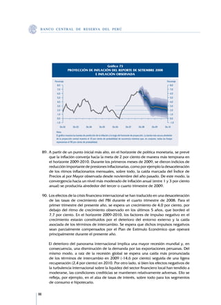 B A N C O C E N T R A L D E R E S E RVA DEL PERÚ




                                                Gráfico 73
                          PROYECCIÓN DE INFLACIÓN DEL REPORTE DE SETIEMBRE 2008
                                         E INFLACIÓN OBSERVADA

            Porcentaje                                                                                                                  Porcentaje
              8,0                                                                                                                          8,0
              7,0                                                                                                                          7,0
              6,0                                                                                                5,5                       6,0
              5,0                                                                                                                          5,0
              4,0                                                                                                                          4,0
              3,0                                                                                                                          3,0
              2,0                                                                                                                          2,0
              1,0                                                                                                                          1,0
              0,0                                                                                                                          0,0
             -1,0                                                                                                                          -1,0
                 Dic.02        Dic.03         Dic.04        Dic.05         Dic.06         Dic.07        Dic.08         Dic.09         Dic.10
             Nota:
             El gráfico muestra las bandas de predicción de la inflación a lo largo del horizonte de proyección. La banda más oscura alrededor
             de la proyección central muestra el 10 por ciento de probabilidad de ocurrencia mientras que, en conjunto, todas las franjas
             representan el 90 por ciento de probabilidad.



     89.	A partir de un punto inicial más alto, en el horizonte de política monetaria, se prevé
         que la inflación converja hacia la meta de 2 por ciento de manera más temprana en
         el horizonte 2009-2010. Durante los primeros meses de 2009, se dieron indicios de
         reducción importante de presiones inflacionarias, como por ejemplo la desaceleración
         de los ritmos inflacionarios mensuales, sobre todo, la caída marcada del Índice de
         Precios al por Mayor observada desde noviembre del año pasado. De este modo, la
         convergencia hacia un nivel más moderado de inflación anual (entre 1 y 3 por ciento
         anual) se produciría alrededor del tercer o cuarto trimestre de 2009.

     90.	Los efectos de la crisis financiera internacional se han traducido en una desaceleración
         de las tasas de crecimiento del PBI durante el cuarto trimestre de 2008. Para el
         primer trimestre del presente año, se espera un crecimiento de 4,0 por ciento, por
         debajo del ritmo de crecimiento observado en los últimos 5 años, que bordeó el
         7,7 por ciento. En el horizonte 2009-2010, los factores de impulso negativo en el
         crecimiento estarán constituidos por el deterioro del entorno externo y la caída
         asociada de los términos de intercambio. Se espera que dichos impulsos negativos
         sean parcialmente compensados por el Plan de Estímulo Económico que operará
         principalmente durante el presente año.

     	   El deterioro del panorama internacional implica una mayor recesión mundial y, en
         consecuencia, una disminución de la demanda por las exportaciones peruanas. Del
         mismo modo, a raíz de la recesión global se espera una caída más pronunciada
         de los términos de intercambio en 2009 (-14,6 por ciento) seguida de una ligera
         recuperación (2,4 por ciento) en 2010. Por otro lado, si bien los efectos negativos de
         la turbulencia internacional sobre la liquidez del sector financiero local han tendido a
         moderarse, las condiciones crediticias se mantienen relativamente adversas. Ello se
         refleja, por ejemplo, en el alza de tasas de interés, sobre todo para los segmentos
         de consumo e hipotecario.


88
 
