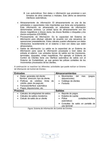  Las automáticas: Son datos o información que provienen o son 
tomados de otros sistemas o módulos. Esto último se denomina 
interfaces automáticas. 
 Almacenamiento de información: El almacenamiento es una de las 
actividades o capacidades más importantes que tiene una computadora. 
Esta información es almacenada en estructuras de información 
denominadas archivos. La unidad típica de almacenamiento son los 
discos magnéticos o discos duros, los discos flexibles o disquetes y los 
discos compactos (CD-ROM). 
 Procesamiento de Información: Es la capacidad del Sistema de 
Información para efectuar cálculos de acuerdo con una secuencia de 
operaciones preestablecida. Estos cálculos pueden efectuarse con datos 
introducidos recientemente en el sistema o bien con datos que están 
almacenados. 
 Salida de Información: La salida es la capacidad de un Sistema de 
Información para sacar la información procesada o bien datos de 
entrada al exterior. Las unidades típicas de salida son las impresoras, 
terminales, disquetes, cintas magnéticas. Por ejemplo: el Sistema de 
Control de Clientes tiene una interface automática de salida con el 
Sistema de Contabilidad, ya que genera las pólizas contables de los 
movimientos procesados de los clientes. 
A continuación se muestran las diferentes actividades que puede realizar un Sistema 
de Información de Control de Clientes: 
Entradas Almacenamientos 
5 
 Datos generales del cliente: 
Nombre, dirección, tipo de cliente. 
 Políticas de créditos: límite de 
crédito, plazo de pago,etc 
 Facturas(interface automática 
 Pagos, depuraciones, etc. 
 Movimientos del mes (pagos, 
depuraciones) 
 Catálogo de clientes 
 Facturas 
Proceso Salidas 
 Cálculos de antigüedad de saldos 
 Cálculos de saldos moratorios 
 Calculo de saldo de un cliente 
 Reporte de pagos 
 Estados de cuenta 
 Póliza contables(interface 
automática) 
 Consultas de saldo en pantalla de 
una terminal 
Figura: Sistema de Información de Control de Clientes 
 