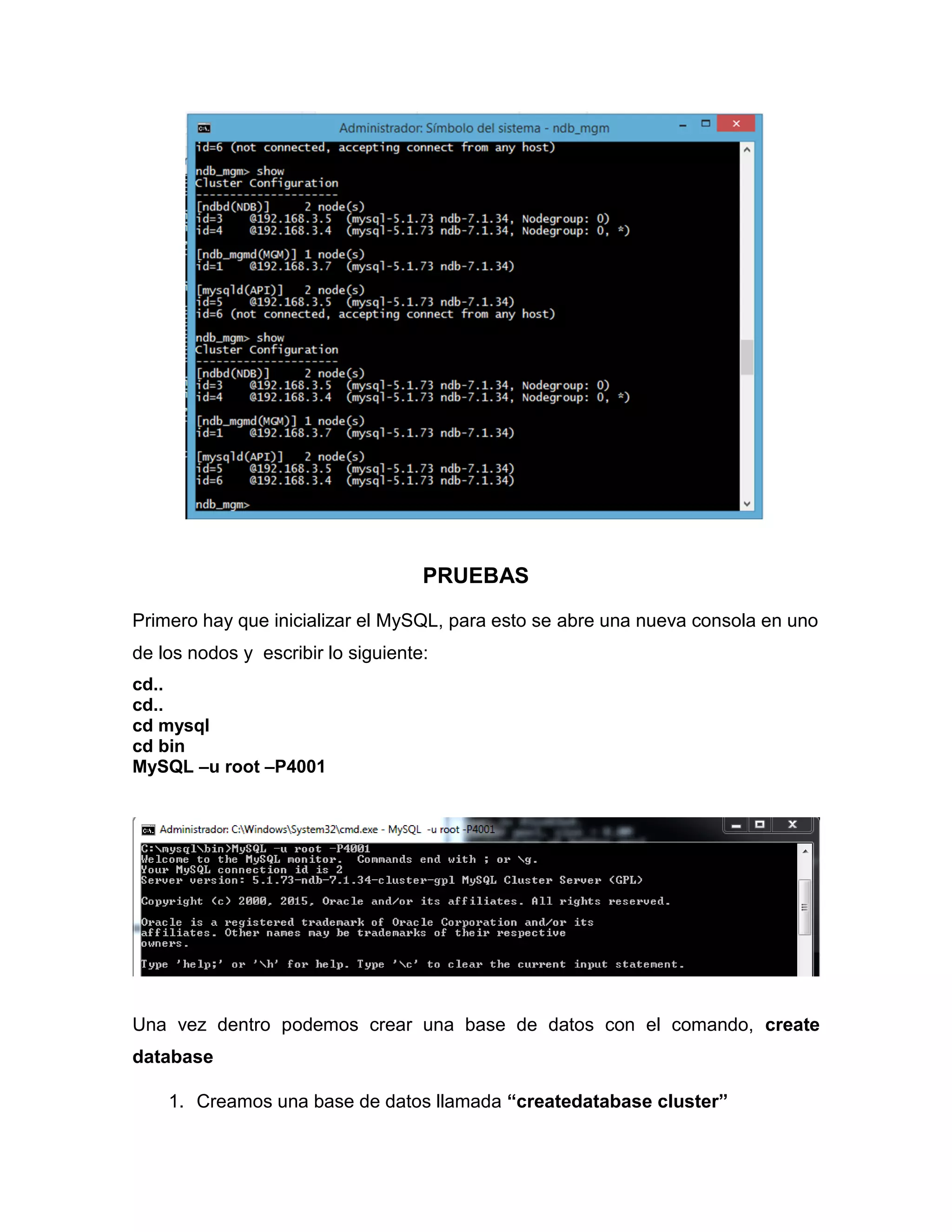 PRUEBAS
Primero hay que inicializar el MySQL, para esto se abre una nueva consola en uno
de los nodos y escribir lo siguiente:
cd..
cd..
cd mysql
cd bin
MySQL –u root –P4001
Una vez dentro podemos crear una base de datos con el comando, create
database
1. Creamos una base de datos llamada “createdatabase cluster”
 