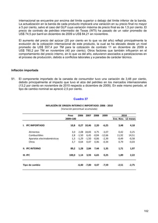 internacional se encuentre por encima del límite superior o debajo del límite inferior de la banda.
      La actualización en la banda de cada producto implicará una variación en su precio final no mayor
      a 5 por ciento, salvo el caso del GLP cuya variación máxima de precio final es de 1,5 por ciento. El
      precio de contrato de petróleo intermedio de Texas (WTI) ha pasado de un valor promedio de
      US$ 74,5 por barril en diciembre de 2009 a US$ 84,21 en noviembre.

      El aumento del precio del azúcar (20 por ciento en lo que va del año) reflejó principalmente la
      evolución de la cotización internacional de este producto, la cual se ha elevado desde un nivel
      promedio de US$ 557,4 por TM para la cotización de contrato 11 en diciembre de 2009 a
      US$ 780,2 por TM en noviembre (40 por ciento). Otros factores que también influyeron en el
      comportamiento del precio interno, en lo que va del año, estuvieron asociados a paralizaciones en
      el proceso de producción, debido a conflictos laborales y a paradas de carácter técnico.



Inflación importada

91.   El componente importado de la canasta de consumidor tuvo una variación de 3,48 por ciento,
      debido principalmente al impacto que tuvo el alza del petróleo en los mercados internacionales
      (13,2 por ciento en noviembre de 2010 respecto a diciembre de 2009). En este mismo periodo, el
      tipo de cambio nominal se apreció 2,5 por ciento.


                                                  Cuadro 37

                             INFLACIÓN DE ORIGEN INTERNO E IMPORTADO: 2006 - 2010
                                         (Variación porcentual acumulada)

                                              Peso   2006 2007 2008         2009           2010
                                            2009=100                                Ene.-Nov. 12 meses

         I. IPC IMPORTADO                       10,8   0,27 10,46    2,20   -6,25       3,48     4,18

               Alimentos                         3,0 2,08 18,83 4,75 -3,07              0,42     0,25
               Combustibles                      2,8 -1,50 6,45 -0,04 -12,66           11,92    14,51
               Aparatos electrodomésticos        1,3 -1,29 -1,50 -0,06 -2,39           -0,49    -0,58
               Otros                             3,7 0,64 0,47 0,46 -0,34               0,79    -0,03

         II. IPC INTERNO                        89,2   1,28   2,84   7,44   1,35        1,71     1,97

         III. IPC                              100,0   1,14   3,93   6,65    0,25       1,89     2,22


         Tipo de cambio                                -6,40 -7,00   4,47   -7,59      -2,51    -2,75




                                                                                                         102
 