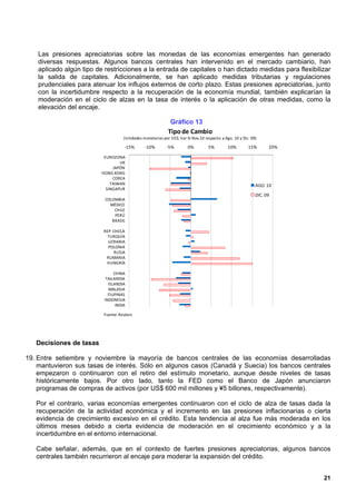 Las presiones apreciatorias sobre las monedas de las economías emergentes han generado
    diversas respuestas. Algunos bancos centrales han intervenido en el mercado cambiario, han
    aplicado algún tipo de restricciones a la entrada de capitales o han dictado medidas para flexibilizar
    la salida de capitales. Adicionalmente, se han aplicado medidas tributarias y regulaciones
    prudenciales para atenuar los influjos externos de corto plazo. Estas presiones apreciatorias, junto
    con la incertidumbre respecto a la recuperación de la economía mundial, también explicarían la
    moderación en el ciclo de alzas en la tasa de interés o la aplicación de otras medidas, como la
    elevación del encaje.

                                                              Gráfico 13
                                                             Tipo de Cambio
                                     (Unidades monetarias por US$; Var.% Nov.10 respecto a Ago. 10 y Dic. 09)

                                     -15%       -10%        -5%        0%         5%         10%        15%       20%

                           EUROZONA
                                  UK
                               JAPÓN
                          HONG KONG
                               COREA
                              TAIWAN                                                                        AGO. 10
                            SINGAPUR
                                                                                                            DIC. 09
                           COLOMBIA
                             MÉXICO
                               CHILE
                               PERÚ
                              BRASIL

                          REP. CHECA
                            TURQUÍA
                            UCRANIA
                            POLONIA
                               RUSIA
                           RUMANIA
                           HUNGRÍA

                                CHINA
                            TAILANDIA
                             ISLANDIA
                             MALASIA
                             FILIPINAS
                           INDONESIA
                                 INDIA

                          Fuente: Reuters




   Decisiones de tasas

19. Entre setiembre y noviembre la mayoría de bancos centrales de las economías desarrolladas
    mantuvieron sus tasas de interés. Sólo en algunos casos (Canadá y Suecia) los bancos centrales
    empezaron o continuaron con el retiro del estímulo monetario, aunque desde niveles de tasas
    históricamente bajos. Por otro lado, tanto la FED como el Banco de Japón anunciaron
    programas de compras de activos (por US$ 600 mil millones y ¥5 billones, respectivamente).

   Por el contrario, varias economías emergentes continuaron con el ciclo de alza de tasas dada la
   recuperación de la actividad económica y el incremento en las presiones inflacionarias o cierta
   evidencia de crecimiento excesivo en el crédito. Esta tendencia al alza fue más moderada en los
   últimos meses debido a cierta evidencia de moderación en el crecimiento económico y a la
   incertidumbre en el entorno internacional.

   Cabe señalar, además, que en el contexto de fuertes presiones apreciatorias, algunos bancos
   centrales también recurrieron al encaje para moderar la expansión del crédito.


                                                                                                                        21
 