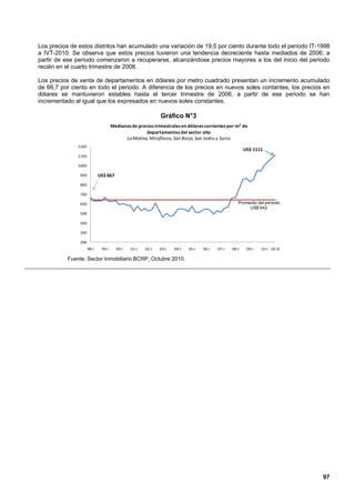 Los precios de estos distritos han acumulado una variación de 19,5 por ciento durante todo el periodo IT-1998
a IVT-2010. Se observa que estos precios tuvieron una tendencia decreciente hasta mediados de 2006; a
partir de ese periodo comenzaron a recuperarse, alcanzándose precios mayores a los del inicio del periodo
recién en el cuarto trimestre de 2008.

Los precios de venta de departamentos en dólares por metro cuadrado presentan un incremento acumulado
de 66,7 por ciento en todo el periodo. A diferencia de los precios en nuevos soles contantes, los precios en
dólares se mantuvieron estables hasta el tercer trimestre de 2006, a partir de ese periodo se han
incrementado al igual que los expresados en nuevos soles constantes.

                                                            Gráfico N°3
                                     Medianas de precios trimestrales en dólares corrientes por m2 de
                                                     departamentos del sector alto
                                           La Molina, Miraflores, San Borja, San Isidro y Surco
               1200
                                                                                                      US$ 1111
               1100

               1000

                900          US$ 667
                800

                700

                600                                                                               Promedio del periodo
                                                                                                       US$ 642
                500

                400

                300

                200
                      98-I    99-I     00-I   01-I   02-I   03-I   04-I   05-I   06-I   07-I   08-I    09-I   10-I 10-IV

           Fuente: Sector Inmobiliario BCRP, Octubre 2010.




                                                                                                                           97
 