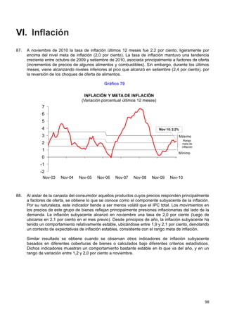 VI. Inflación
87.   A noviembre de 2010 la tasa de inflación últimos 12 meses fue 2,2 por ciento, ligeramente por
      encima del nivel meta de inflación (2,0 por ciento). La tasa de inflación mantuvo una tendencia
      creciente entre octubre de 2009 y setiembre de 2010, asociada principalmente a factores de oferta
      (incrementos de precios de algunos alimentos y combustibles). Sin embargo, durante los últimos
      meses, viene alcanzando niveles inferiores al pico que alcanzó en setiembre (2,4 por ciento), por
      la reversión de los choques de oferta de alimentos.

                                                Gráfico 79

                                    INFLACIÓN Y META DE INFLACIÓN
                                   (Variación porcentual últimos 12 meses)
              7
              6
              5
              4                                                              Nov 10: 2,2%
              3                                                                         Máximo
                                                                                             Rango
              2                                                                             meta de
                                                                                            inflación
              1
                                                                                        Mínimo
              0
             -1
             -2
              Nov-03    Nov-04    Nov-05    Nov-06    Nov-07    Nov-08   Nov-09    Nov-10



88.   Al aislar de la canasta del consumidor aquellos productos cuyos precios responden principalmente
      a factores de oferta, se obtiene lo que se conoce como el componente subyacente de la inflación.
      Por su naturaleza, este indicador tiende a ser menos volátil que el IPC total. Los movimientos en
      los precios de este grupo de bienes reflejan principalmente presiones inflacionarias del lado de la
      demanda. La inflación subyacente alcanzó en noviembre una tasa de 2,0 por ciento (luego de
      ubicarse en 2,1 por ciento en el mes previo). Desde principios de año, la inflación subyacente ha
      tenido un comportamiento relativamente estable, ubicándose entre 1,9 y 2,1 por ciento, denotando
      un contexto de expectativas de inflación estables, consistente con el rango meta de inflación.

      Similar resultado se obtiene cuando se observan otros indicadores de inflación subyacente
      basados en diferentes coberturas de bienes o calculados bajo diferentes criterios estadísticos.
      Dichos indicadores muestran un comportamiento bastante estable en lo que va del año, y en un
      rango de variación entre 1,2 y 2,0 por ciento a noviembre.




                                                                                                        98
 
