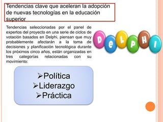 Tendencias clave que aceleran la adopción
de nuevas tecnologías en la educación
superior
Tendencias seleccionadas por el panel de
expertos del proyecto en una serie de ciclos de
votación basados en Delphi, piensan que muy
probablemente afectarán a la toma de
decisiones y planificación tecnológica durante
los próximos cinco años, están organizadas en
tres categorías relacionadas con su
movimiento:
Política
Liderazgo
Práctica
 