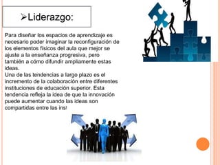 Liderazgo:
Para diseñar los espacios de aprendizaje es
necesario poder imaginar la reconfiguración de
los elementos físicos del aula que mejor se
ajuste a la enseñanza progresiva, pero
también a cómo difundir ampliamente estas
ideas.
Una de las tendencias a largo plazo es el
incremento de la colaboración entre diferentes
instituciones de educación superior. Esta
tendencia refleja la idea de que la innovación
puede aumentar cuando las ideas son
compartidas entre las instituciones.
 