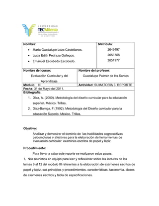 Nombre:                                                 Matrícula:
   •    María Guadalupe Loza Castellanos.                     2646497
   •    Lucia Edith Pedraza Gallegos.                         2653706

   •    Emanuel Escobedo Escobedo.                            2651977


Nombre del curso:                        Nombre del profesor:
       Evaluación Curricular y del            Guadalupe Palmer de los Santos
            Aprendizaje.
Módulo: III                              Actividad: SUMATORIA 3. REPORTE
Fecha: 31 de Mayo del 2011.
Bibliografía:
   1. Díaz, A. (2000). Metodología del diseño curricular para la educación
        superior. México. Trillas.
   2. Diaz-Barriga, F.(1992). Metodologia del Diseño curricular para la
        educación Superio. Mexico. Trillas.



Objetivo:
        Analizar y demostrar el dominio de las habilidades cognoscitivas
        psicomotoras y afectivas para la eleboración de herramientas de
        evaluación curricular: examines escritos de papel y lápiz.

Procedimiento:
        Para llevar a cabo este reporte se realizaron estos pasos:
1. Nos reunimos en equipo para leer y reflexionar sobre las lecturas de los
temas 9 al 12 del modulo III referentes a la elaboración de exámenes escritos de
papel y lápiz, sus principios y procedimientos, características, taxonomía, clases
de exámenes escritos y tabla de especificaciones.
 