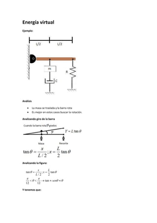 Energía virtual
Ejemplo:
Análisis
 La masa se traslada y la barra rota
 Es mejor en estos casos buscar la rotación.
Analizando giro de la barra
Analizando la figura:
tan ; tan
/ 2 2
tan
12 12
x L
x
L
sen
 
 
  
 
    
Y tenemos que:
 