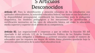 5 Artículos
Desconocidos
Artículo 67. Para la identificación y atención educativa de los estudiantes con
aptitudes sobresalientes, la autoridad educativa federal, con base en sus facultades y
la disponibilidad presupuestal, establecerá los lineamientos para la evaluación
diagnóstica, los modelos pedagógicos y los mecanismos de acreditación y
certificación necesarios en los tipos de educación básica, así como la educación
media superior y superior en el ámbito de su competencia.
Artículo 82. Las negociaciones o empresas a que se refiere la fracción XII del
Apartado A del artículo 123 de la Constitución Política de los Estados Unidos
Mexicanos están obligadas a establecer y sostener escuelas cuando el número de
educandos que las requiera sea mayor de veinte. Estos planteles quedarán bajo la
dirección administrativa de la autoridad educativa local.
 