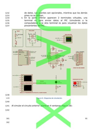 de datos. Los puentes son opcionales, mientras que los demás
pines no se utilizan.
6. En la parte inferior aparecen 2 terminales virtuales, una
terminal es para enviar datos al PIC (simulando a la
computadora) y la otra terminal es para visualizar los datos
provenientes del PIC.
A
B
C
D
R_BUTOON
100
OSC1/CLKIN
16
RB0/INT
6
RB1
7
RB2
8
RB3
9
RB4
10
RB5
11
RB6
12
RB7
13
RA0
17
RA1
18
RA2
1
RA3
2
RA4/T0CKI
3
OSC2/CLKOUT
15
MCLR
4
16F84A
PIC16F84A
XTAL_4M
CRYSTAL
33PF_2
33pF
33PF_1
33pF
OSC1
OSC2
OSC1
OSC2
OSCILADOR
RST
RST
RESET
B6
MAX232
RXD
RTS
TXD
CTS
RXD
RTS
TXD
CTS
OSCILOSCOPIO
SIMULA LA TRANSMISIÓN DE DATOS DE LA COMPUTADORA
SIMULA LA RECEPCIÓN DE DATOS DE LA COMPUTADORA
OUT_PIC
OUT_PIC
IN_PIC
IN_PIC
ECHO
ECHO
TRIG
TRIG
LED
LED
R_LED
100
LED
LED-BLUE
AM FM
+
-
GENERADOR DE ONDA
ECHO
T1IN
11
R1OUT
12
T2IN
10
R2OUT
9
T1OUT
14
R1IN
13
T2OUT
7
R2IN
8
C2+
4
C2-
5
C1+
1
C1-
3
VS+
2
VS-
6
MAX232
MAX232
C1
1uF
C2
1uF
C3
1uF
C4
1uF
ERROR
TXD
3
RXD
2
CTS
8
RTS
7
DSR
6
DTR
4
DCD
1
RI
9
COM_HEMBRA
COMPIM
CONECTOR DB9 HEMBRA
OUT_PIC
IN_PIC
OUT_MAX
OUT_MAX
IN_MAX
IN_MAX
Figura 0.: Diagrama de simulación.
Al simular el circuito anterior aparecen 4 ventanas (figura 28):
81
1232
1233
1234
1235
1236
1237
1238
1239
1240
1241
1242
161
162
UATX
 