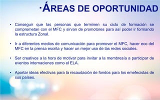 ·ÁREAS DE OPORTUNIDAD
• Conseguir que las personas que terminen su ciclo de formación se
comprometan con el MFC y sirvan de promotores para así poder ir formando
la estructura Zonal.
• Ir a diferentes medios de comunicación para promover el MFC, hacer eco del
MFC en la prensa escrita y hacer un mejor uso de las redes sociales.
• Ser creativos a la hora de motivar para invitar a la membresía a participar de
eventos internaciones como el ELA.
• Aportar ideas efectivas para la recaudación de fondos para los emefecistas de
sus países.
 