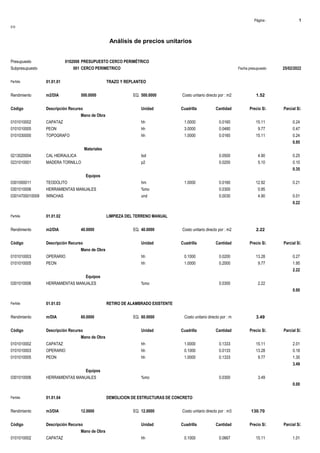 Página : 1
S10
Análisis de precios unitarios
Presupuesto 0102008 PRESUPUESTO CERCO PERIMÉTRICO
Subpresupuesto 001 CERCO PERIMETRICO Fecha presupuesto 25/02/2022
Partida 01.01.01 TRAZO Y REPLANTEO
Rendimiento m2/DIA 500.0000 EQ. 500.0000 Costo unitario directo por : m2 1.52
Código Descripción Recurso Unidad Cuadrilla Cantidad Precio S/. Parcial S/.
Mano de Obra
0101010002 CAPATAZ hh 1.0000 0.0160 15.11 0.24
0101010005 PEON hh 3.0000 0.0480 9.77 0.47
0101030000 TOPOGRAFO hh 1.0000 0.0160 15.11 0.24
0.95
Materiales
0213020004 CAL HIDRAULICA bol 0.0500 4.90 0.25
0231010001 MADERA TORNILLO p2 0.0200 5.10 0.10
0.35
Equipos
0301000011 TEODOLITO hm 1.0000 0.0160 12.92 0.21
0301010006 HERRAMIENTAS MANUALES %mo 0.0300 0.95
03014700010009 WINCHAS und 0.0030 4.90 0.01
0.22
Partida 01.01.02 LIMPIEZA DEL TERRENO MANUAL
Rendimiento m2/DIA 40.0000 EQ. 40.0000 Costo unitario directo por : m2 2.22
Código Descripción Recurso Unidad Cuadrilla Cantidad Precio S/. Parcial S/.
Mano de Obra
0101010003 OPERARIO hh 0.1000 0.0200 13.28 0.27
0101010005 PEON hh 1.0000 0.2000 9.77 1.95
2.22
Equipos
0301010006 HERRAMIENTAS MANUALES %mo 0.0300 2.22
0.00
Partida 01.01.03 RETIRO DE ALAMBRADO EXISTENTE
Rendimiento m/DIA 60.0000 EQ. 60.0000 Costo unitario directo por : m 3.49
Código Descripción Recurso Unidad Cuadrilla Cantidad Precio S/. Parcial S/.
Mano de Obra
0101010002 CAPATAZ hh 1.0000 0.1333 15.11 2.01
0101010003 OPERARIO hh 0.1000 0.0133 13.28 0.18
0101010005 PEON hh 1.0000 0.1333 9.77 1.30
3.49
Equipos
0301010006 HERRAMIENTAS MANUALES %mo 0.0300 3.49
0.00
Partida 01.01.04 DEMOLICION DE ESTRUCTURAS DE CONCRETO
Rendimiento m3/DIA 12.0000 EQ. 12.0000 Costo unitario directo por : m3 130.70
Código Descripción Recurso Unidad Cuadrilla Cantidad Precio S/. Parcial S/.
Mano de Obra
0101010002 CAPATAZ hh 0.1000 0.0667 15.11 1.01
 